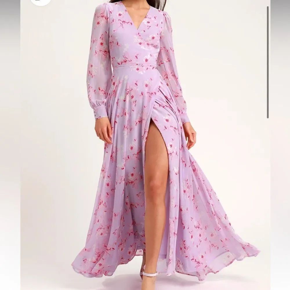 Lulu’s My Whole Heart Lavender Floral Print Long Sleeve Wrap Dress Size Small